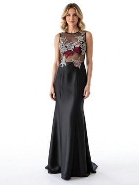 XSCAPE Black Embellished Sheer Bodice Mermaid Gown with Tulle Women's Size 2